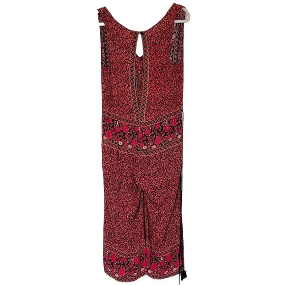FREE PEOPLE Red Black Boho Open Back Culotte Jumpsuit Size Small Floral 70s - Picture 3 of 7